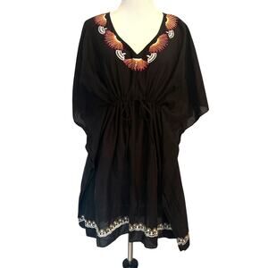 Trina Turk Embroidered Kaftan Top Womens Medium Black Caftan Coverup Beachy